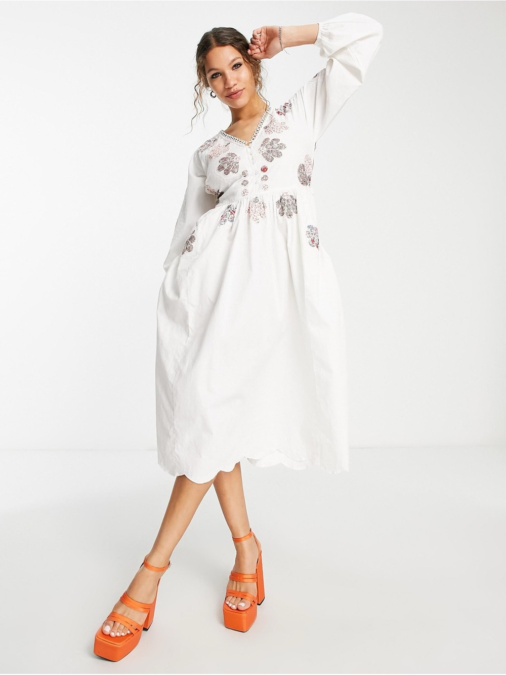 ASOS DESIGN embroidered floral patchwork midi dress in white | size 8